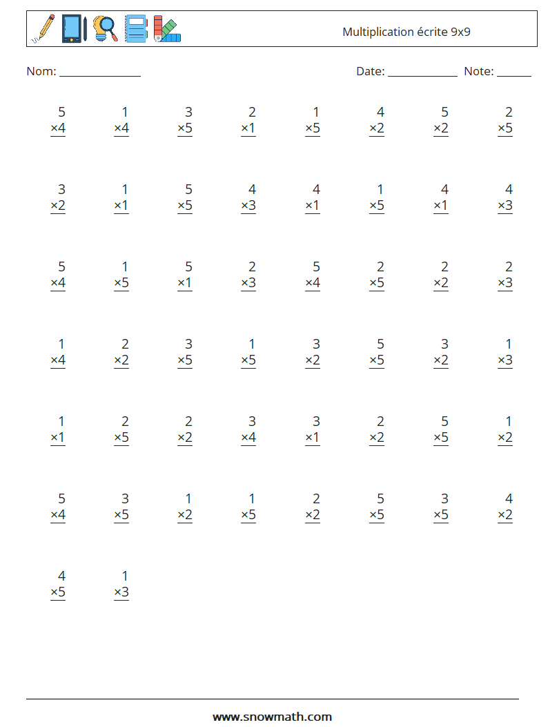 (50) Multiplication écrite 9x9 Fiches d'Exercices de Mathématiques 5