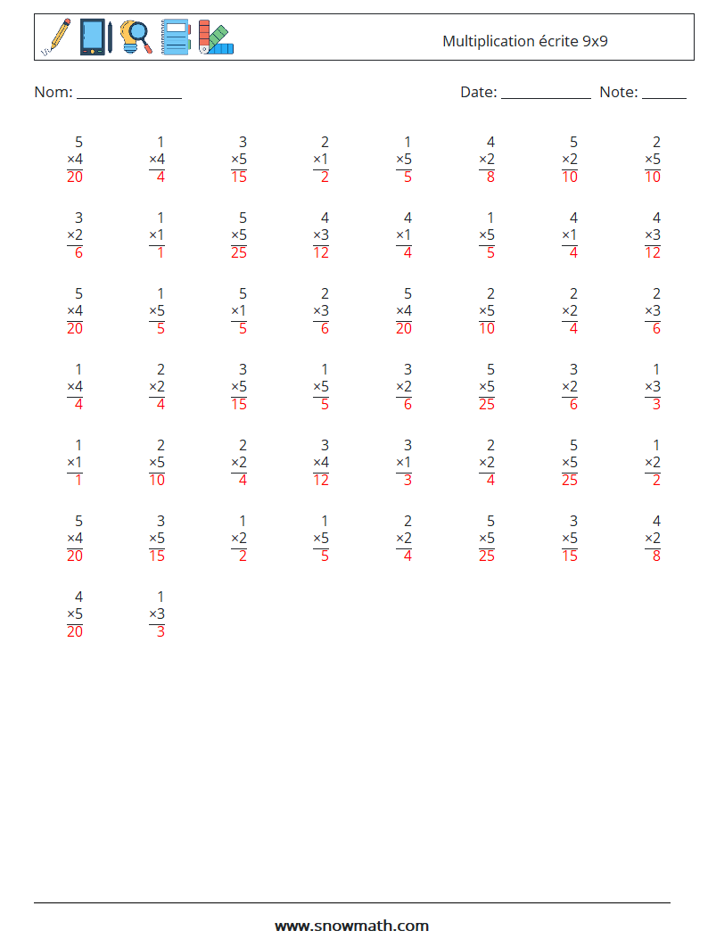 (50) Multiplication écrite 9x9 Fiches d'Exercices de Mathématiques 5 Question, Réponse
