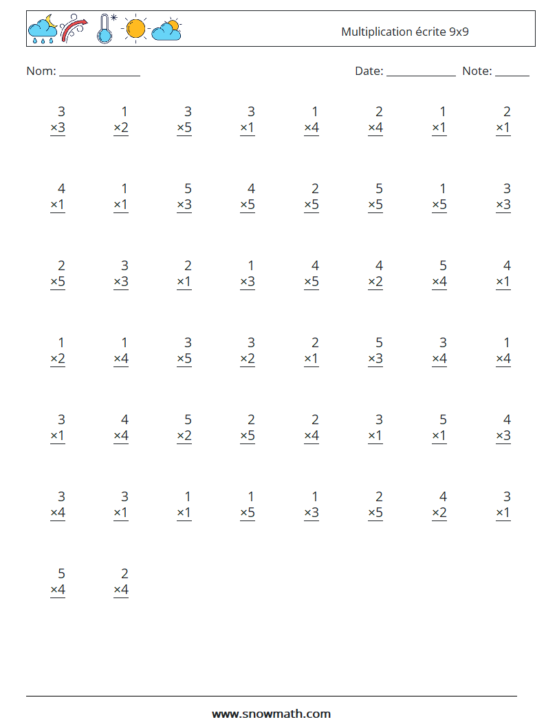 (50) Multiplication écrite 9x9 Fiches d'Exercices de Mathématiques 6