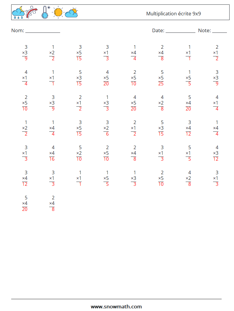 (50) Multiplication écrite 9x9 Fiches d'Exercices de Mathématiques 6 Question, Réponse
