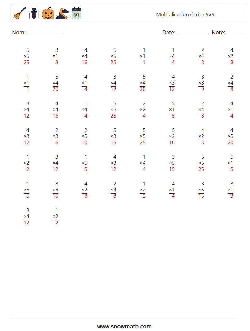 (50) Multiplication écrite 9x9 Fiches d'Exercices de Mathématiques 7 Question, Réponse