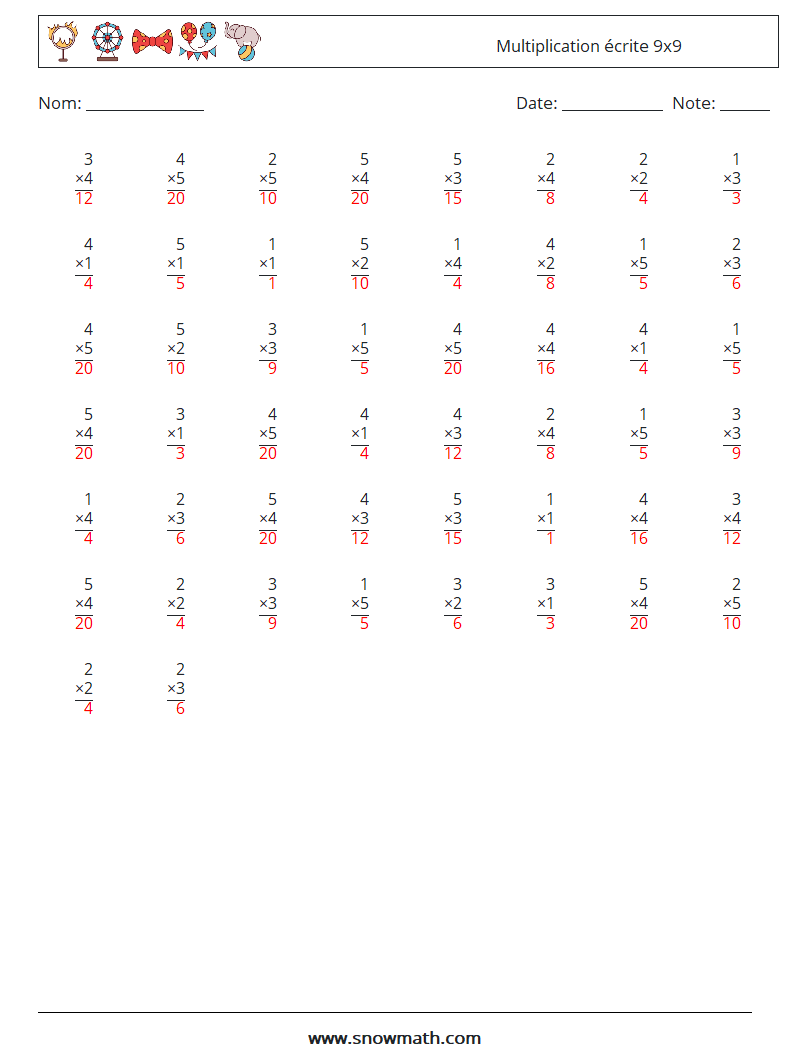 (50) Multiplication écrite 9x9 Fiches d'Exercices de Mathématiques 9 Question, Réponse