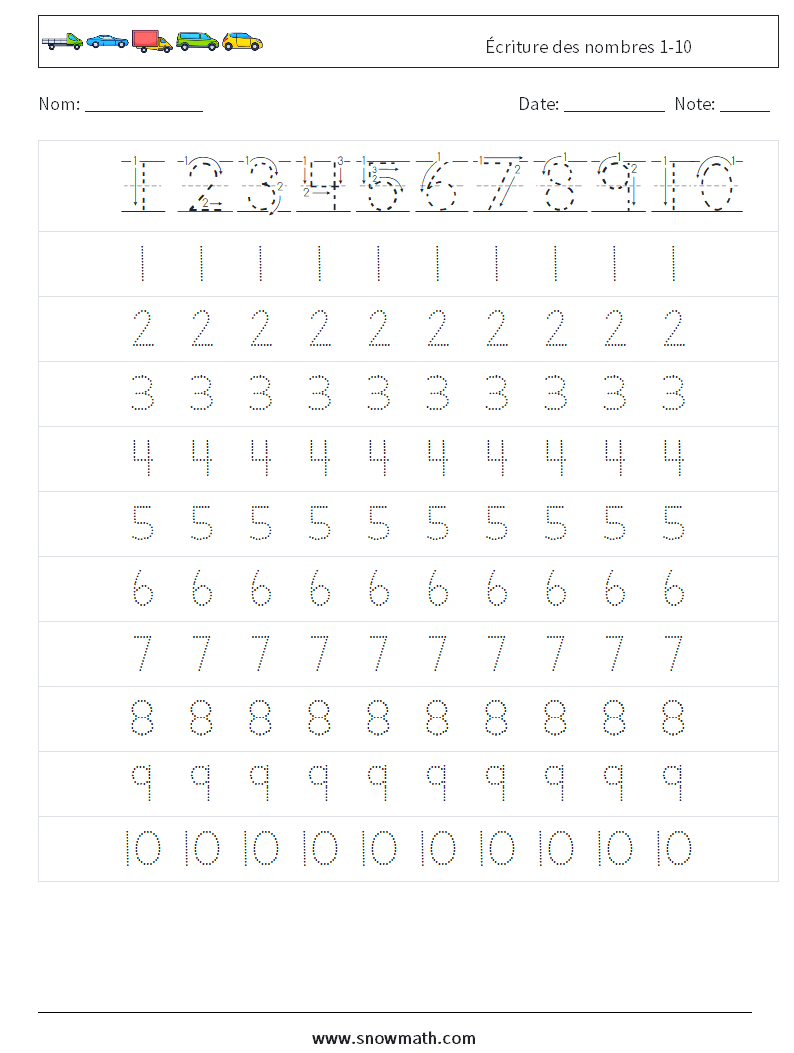 Écriture des nombres 1-10 Fiches d'Exercices de Mathématiques 1