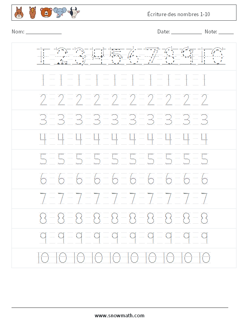 Écriture des nombres 1-10 Fiches d'Exercices de Mathématiques 2