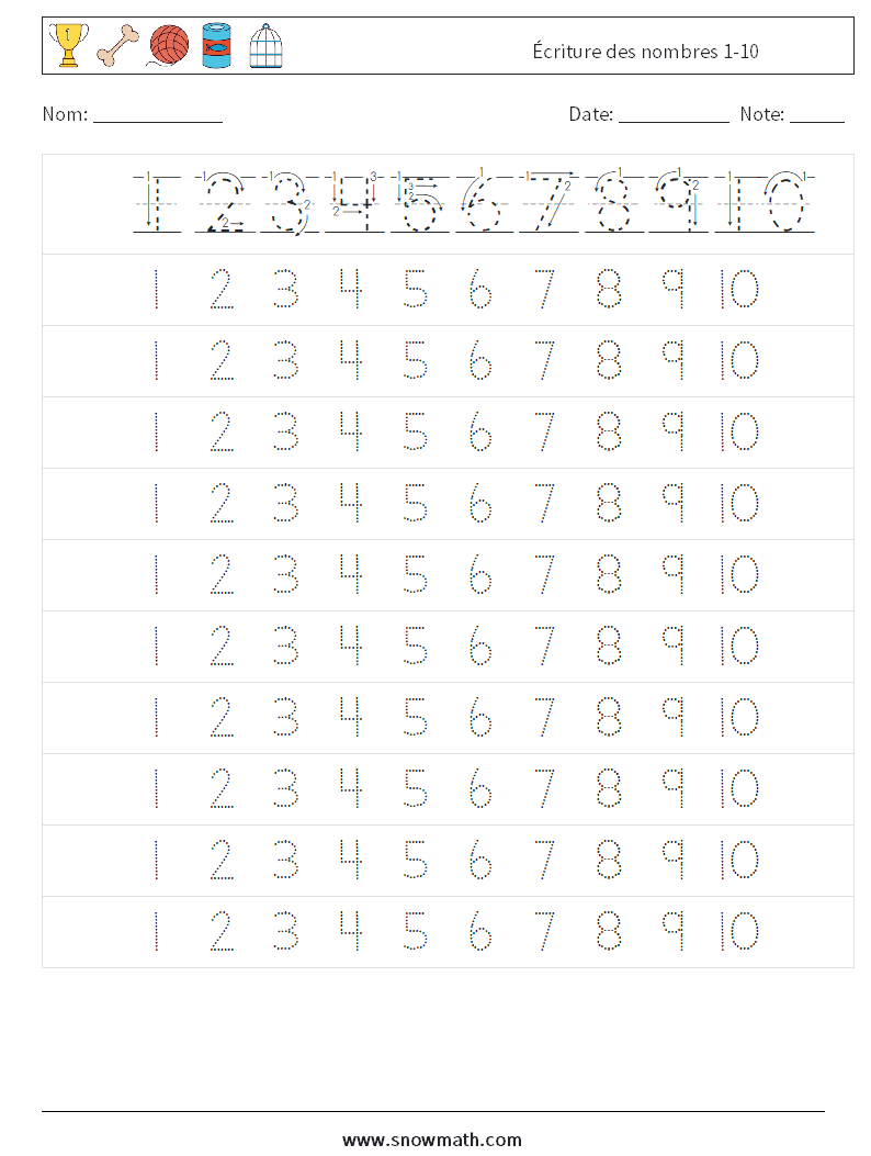 Écriture des nombres 1-10 Fiches d'Exercices de Mathématiques 3