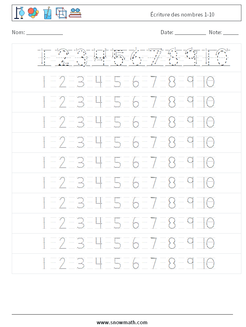 Écriture des nombres 1-10 Fiches d'Exercices de Mathématiques 4