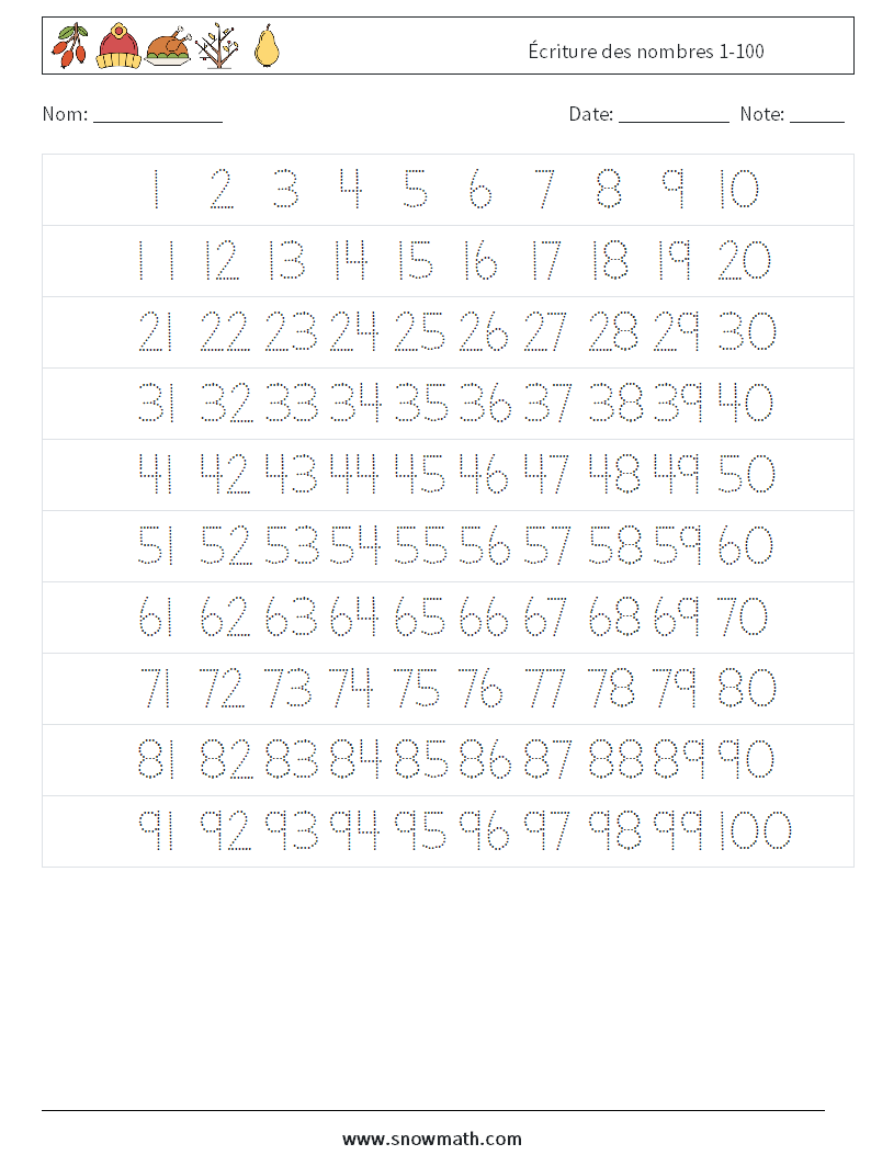 Écriture des nombres 1-100 Fiches d'Exercices de Mathématiques 1