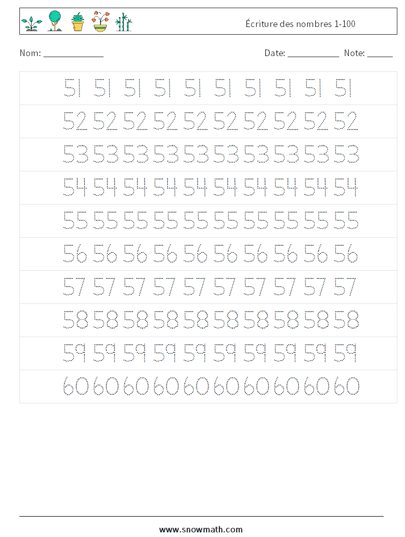Écriture des nombres 1-100 Fiches d'Exercices de Mathématiques 11