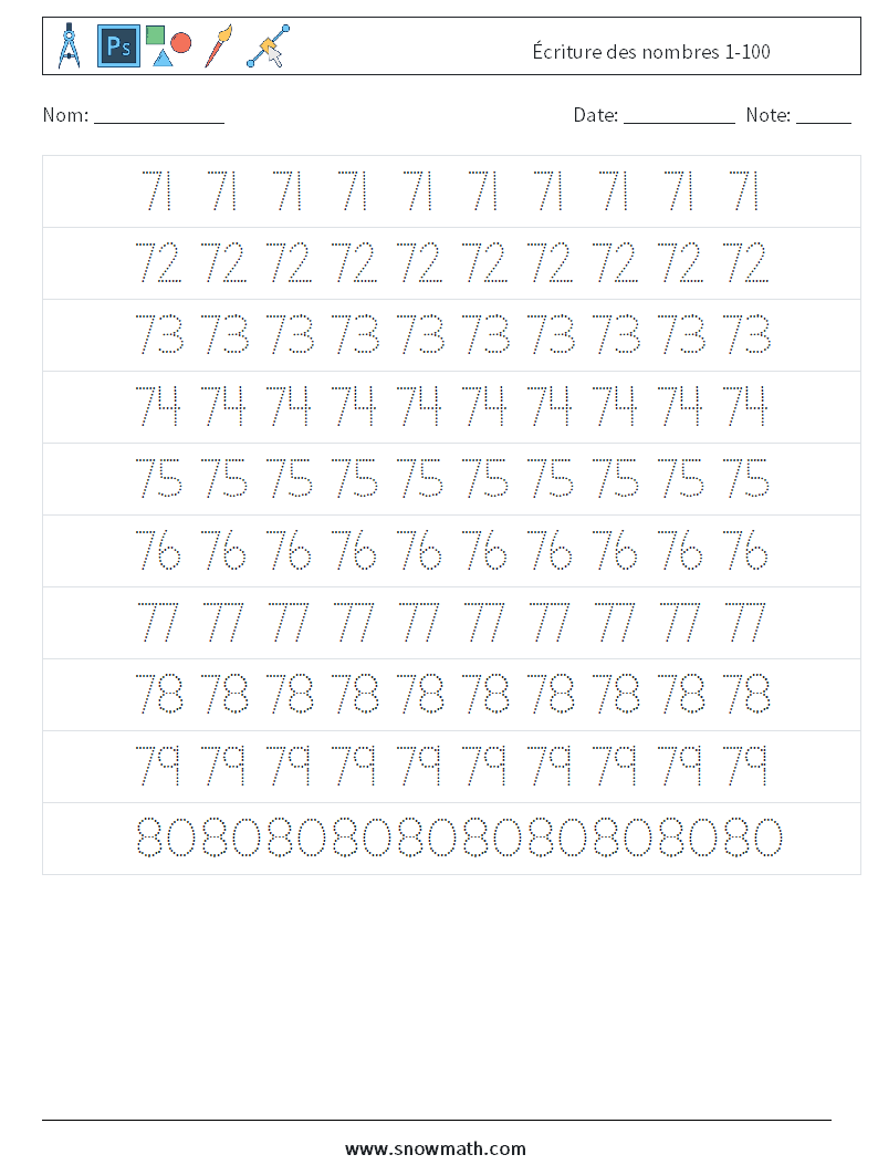 Écriture des nombres 1-100 Fiches d'Exercices de Mathématiques 15