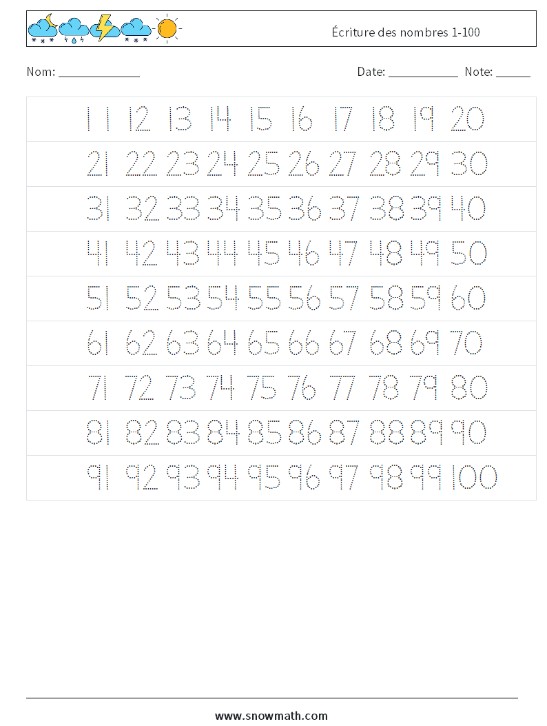 Écriture des nombres 1-100 Fiches d'Exercices de Mathématiques 21