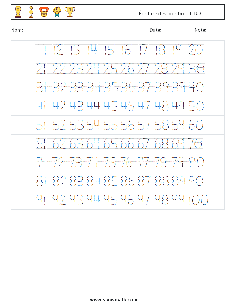 Écriture des nombres 1-100 Fiches d'Exercices de Mathématiques 22