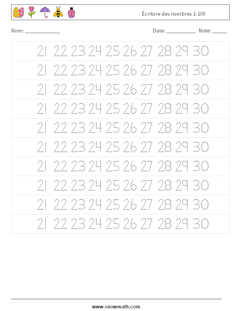Écriture des nombres 1-100 Fiches d'Exercices de Mathématiques 25
