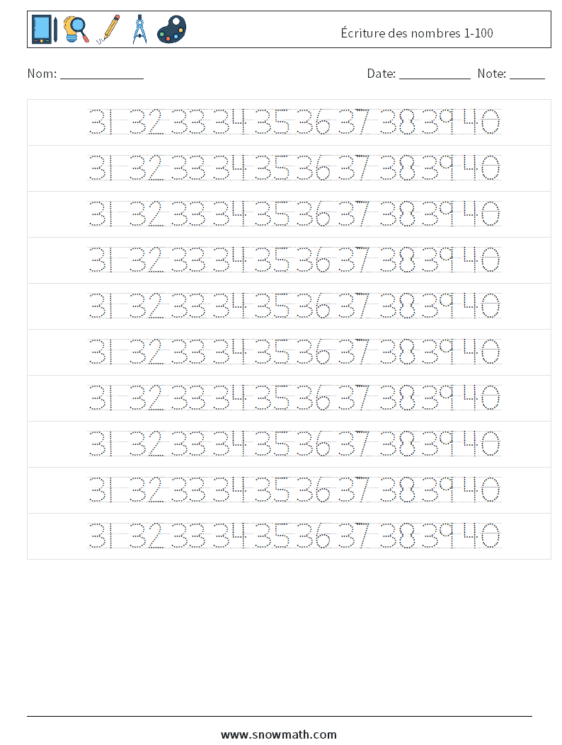 Écriture des nombres 1-100 Fiches d'Exercices de Mathématiques 28