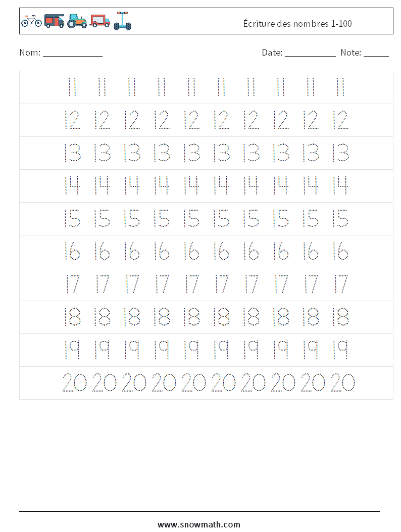 Écriture des nombres 1-100 Fiches d'Exercices de Mathématiques 3