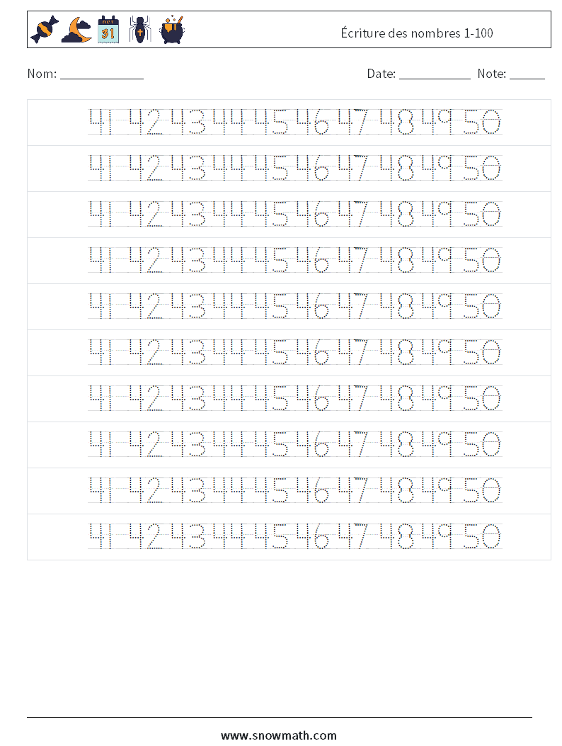 Écriture des nombres 1-100 Fiches d'Exercices de Mathématiques 30