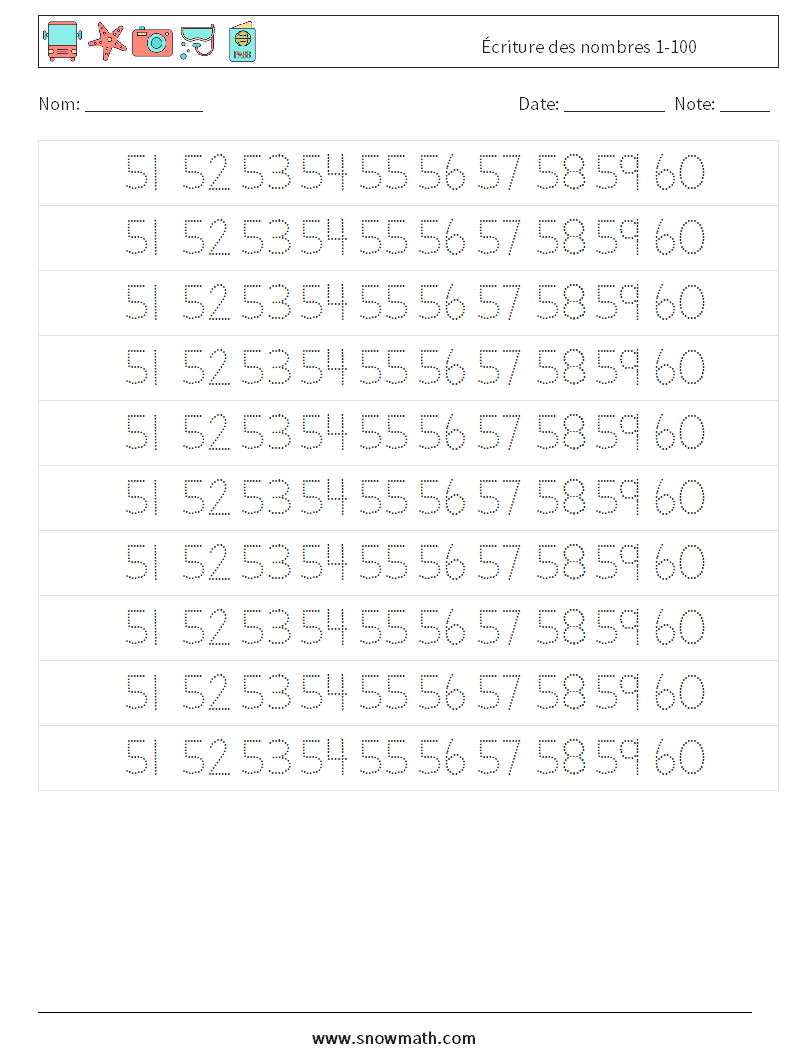 Écriture des nombres 1-100 Fiches d'Exercices de Mathématiques 31