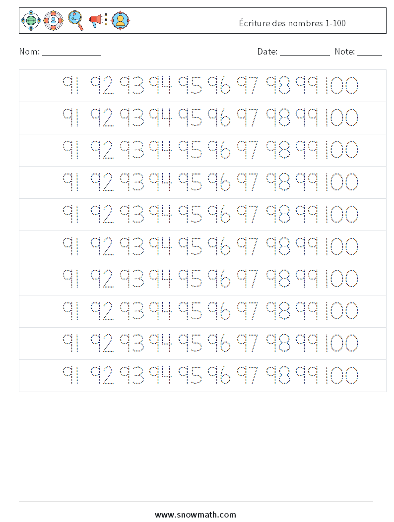 Écriture des nombres 1-100 Fiches d'Exercices de Mathématiques 39