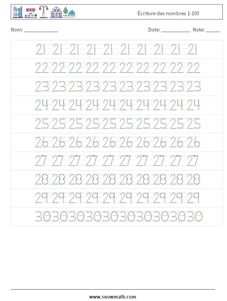 Écriture des nombres 1-100 Fiches d'Exercices de Mathématiques 6