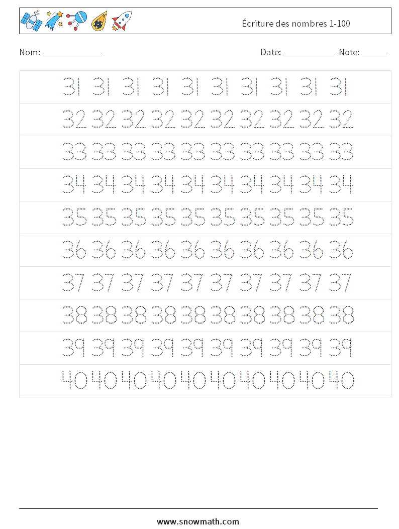 Écriture des nombres 1-100 Fiches d'Exercices de Mathématiques 7