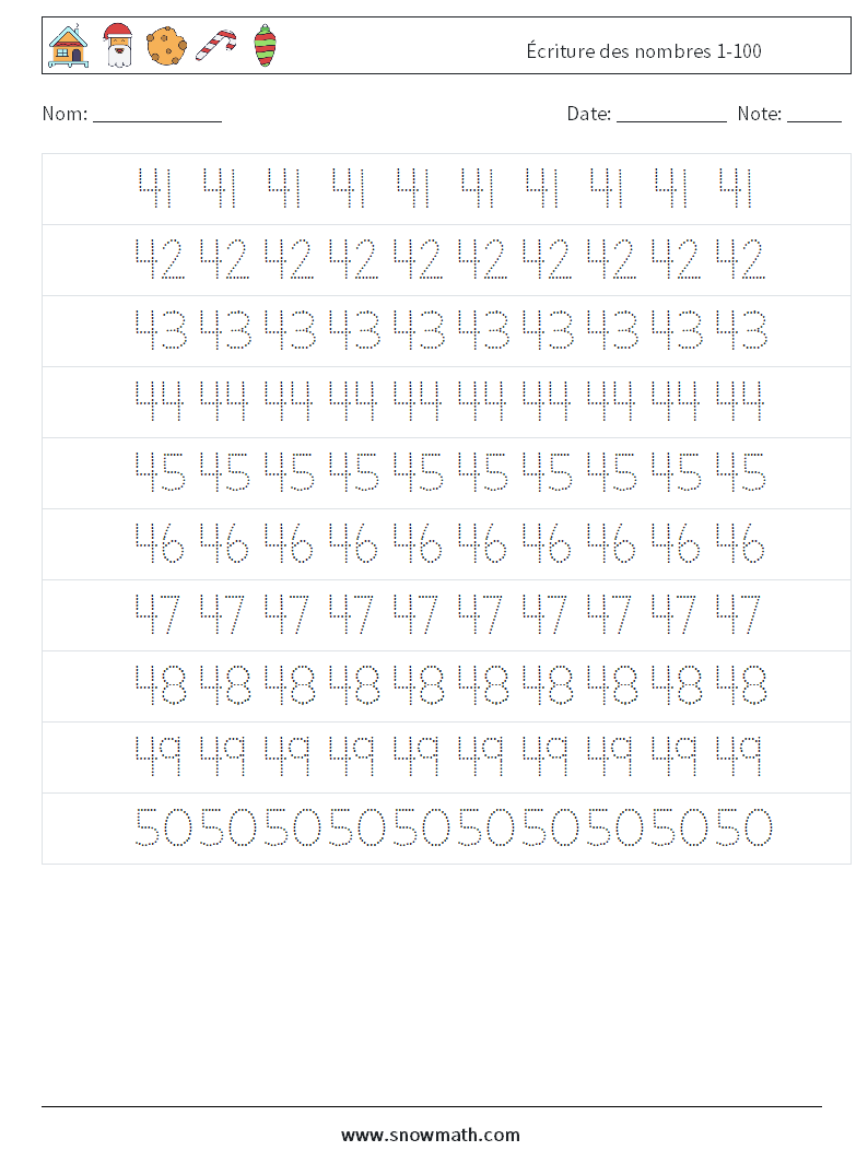 Écriture des nombres 1-100 Fiches d'Exercices de Mathématiques 9