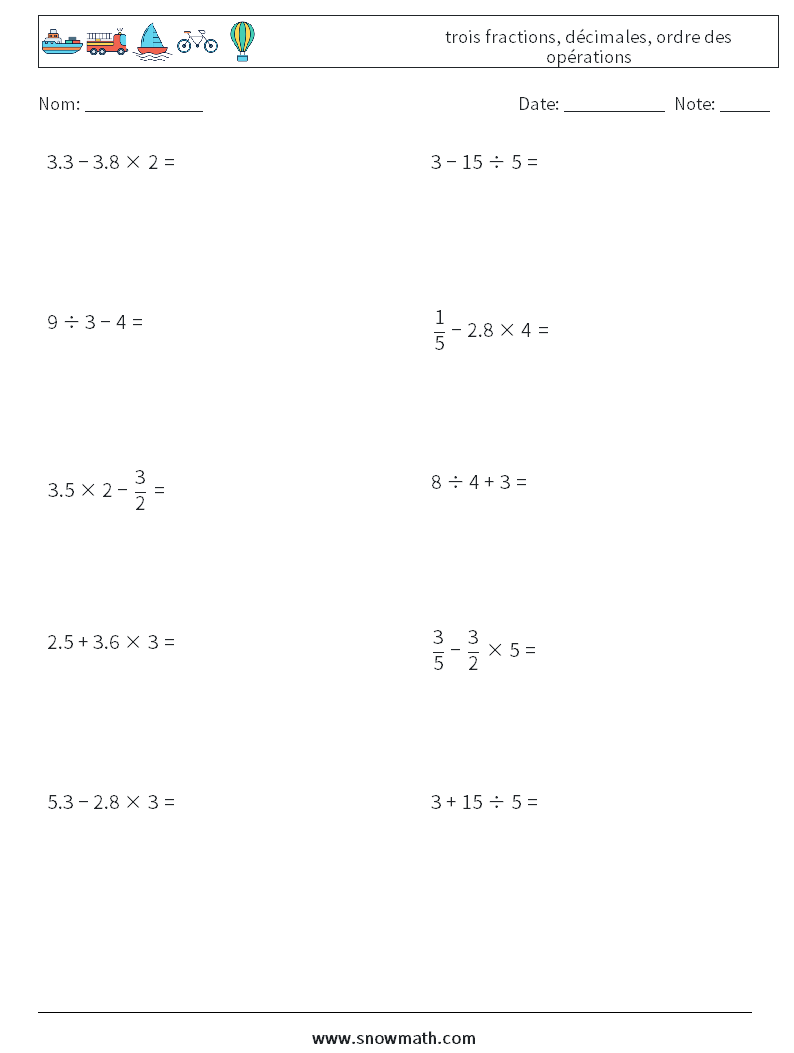 (10) trois fractions, décimales, ordre des opérations Fiches d'Exercices de Mathématiques 1