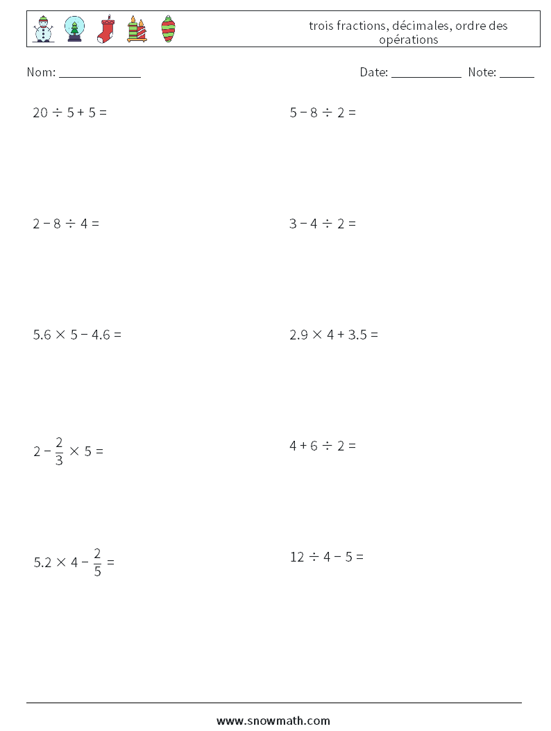 (10) trois fractions, décimales, ordre des opérations Fiches d'Exercices de Mathématiques 10