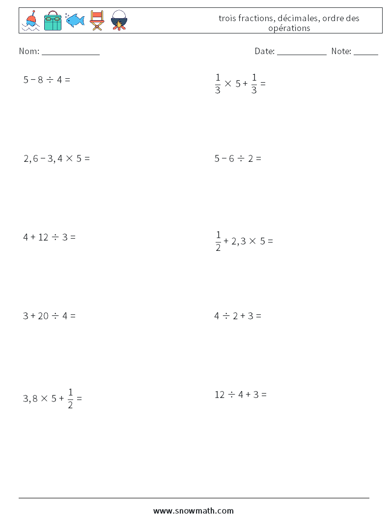 (10) trois fractions, décimales, ordre des opérations Fiches d'Exercices de Mathématiques 11
