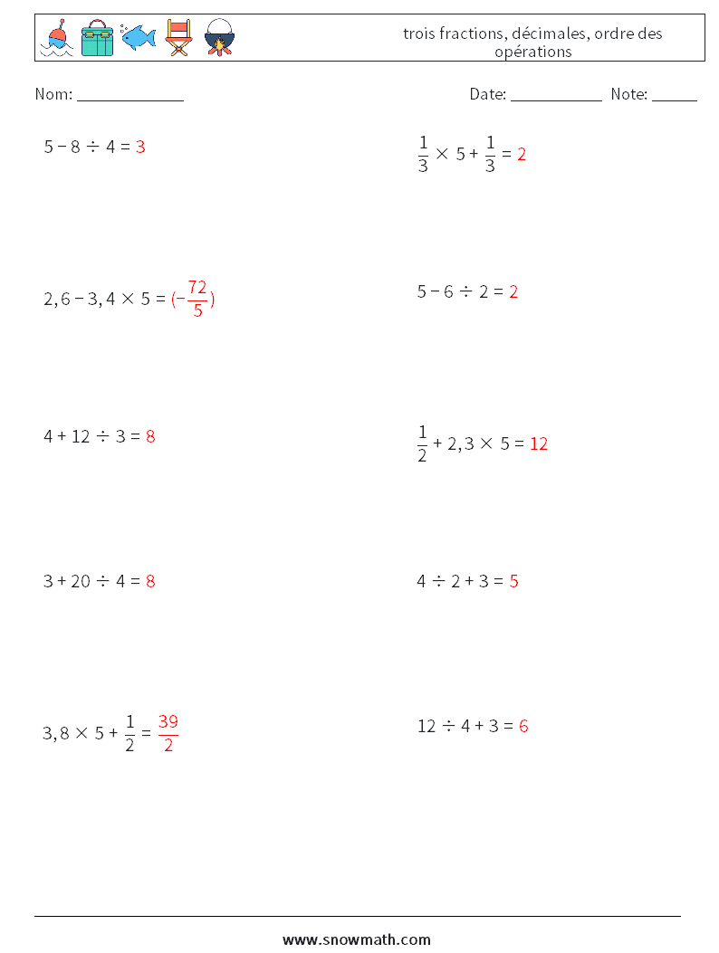 (10) trois fractions, décimales, ordre des opérations Fiches d'Exercices de Mathématiques 11 Question, Réponse