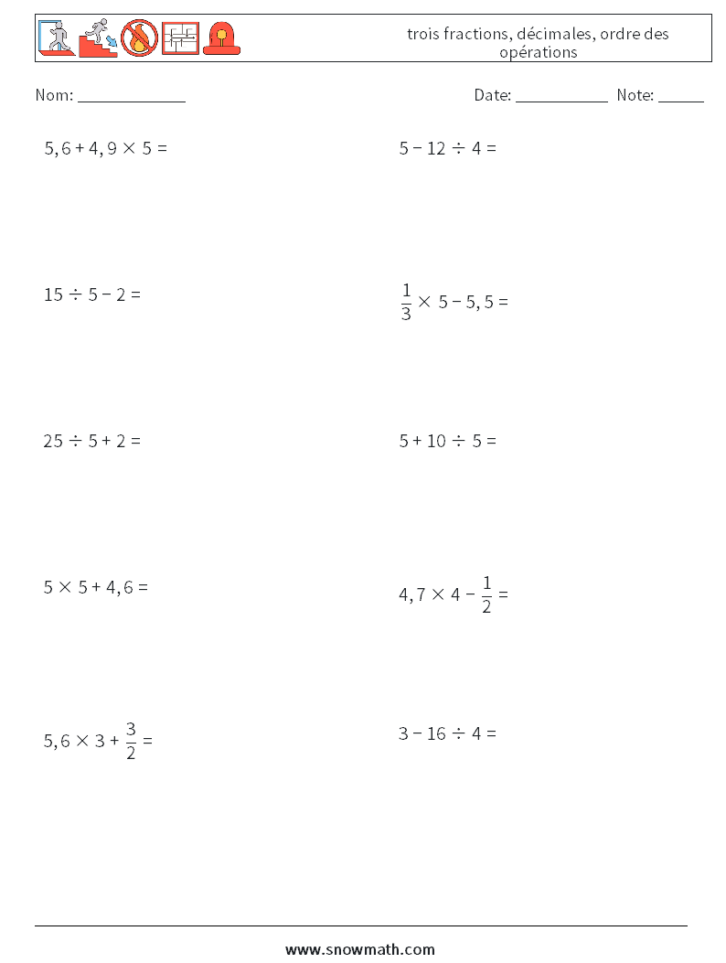 (10) trois fractions, décimales, ordre des opérations Fiches d'Exercices de Mathématiques 12