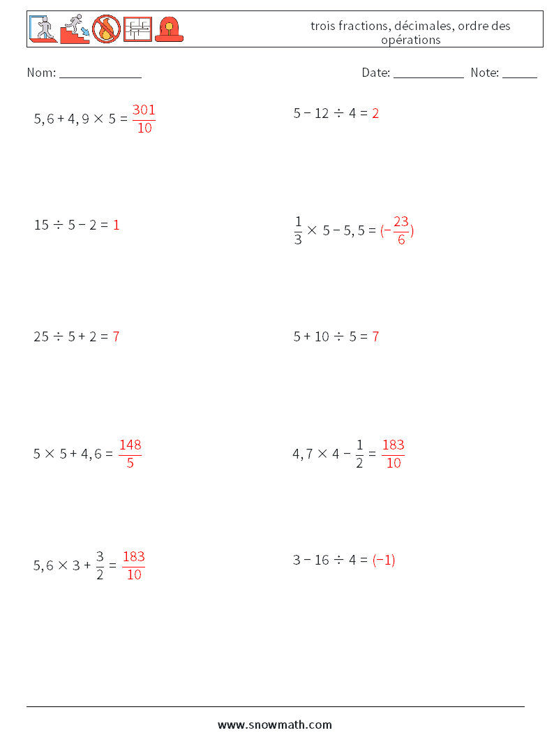 (10) trois fractions, décimales, ordre des opérations Fiches d'Exercices de Mathématiques 12 Question, Réponse