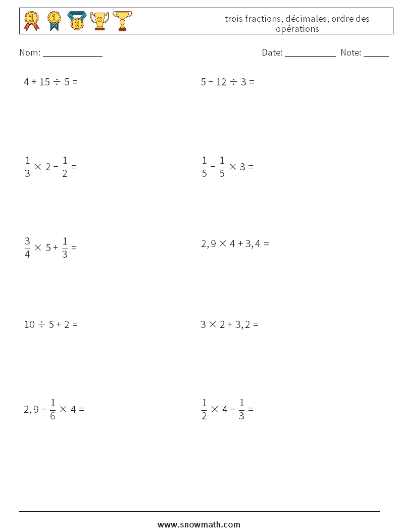(10) trois fractions, décimales, ordre des opérations Fiches d'Exercices de Mathématiques 13