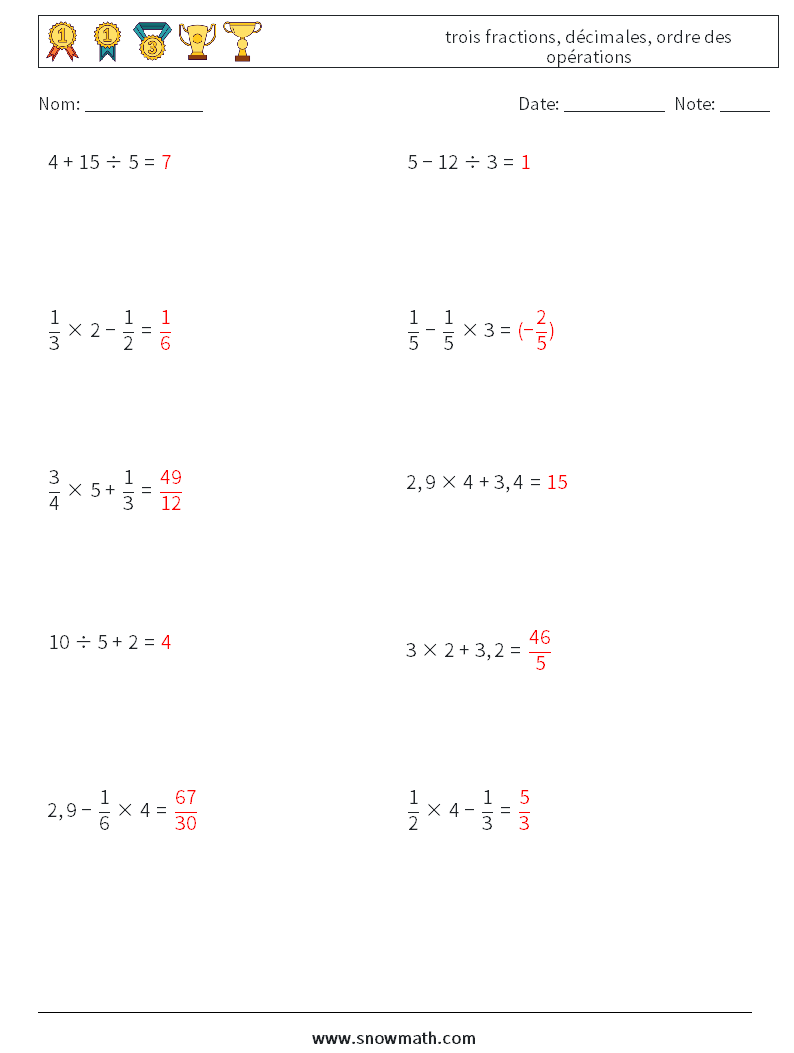 (10) trois fractions, décimales, ordre des opérations Fiches d'Exercices de Mathématiques 13 Question, Réponse