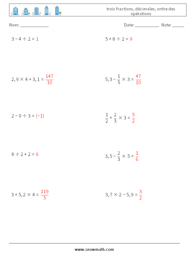 (10) trois fractions, décimales, ordre des opérations Fiches d'Exercices de Mathématiques 14 Question, Réponse