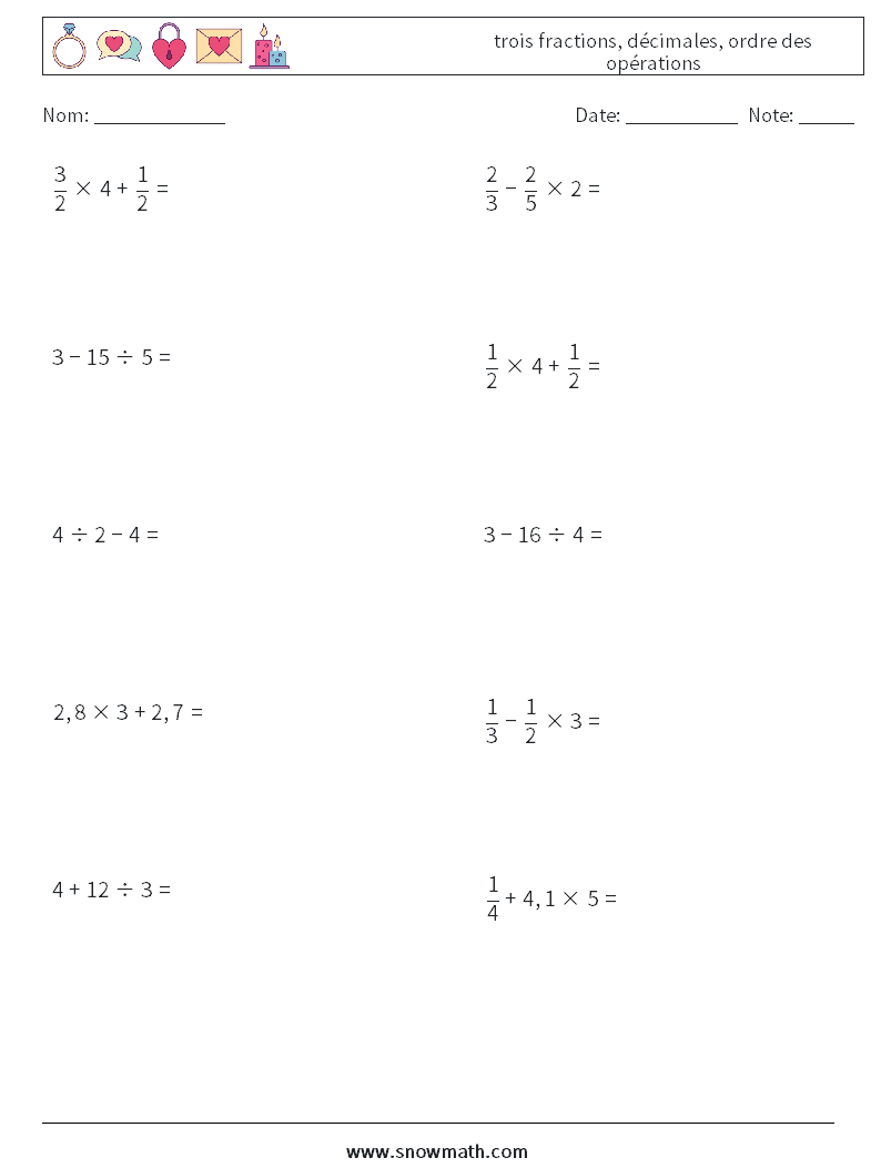 (10) trois fractions, décimales, ordre des opérations Fiches d'Exercices de Mathématiques 15