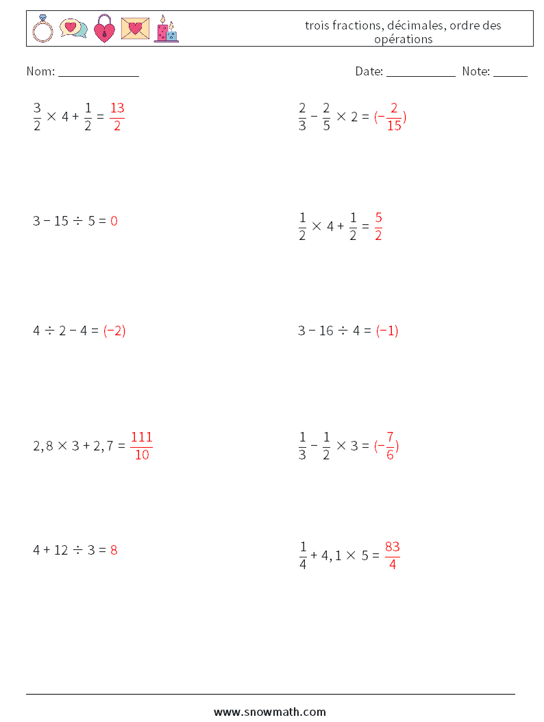 (10) trois fractions, décimales, ordre des opérations Fiches d'Exercices de Mathématiques 15 Question, Réponse
