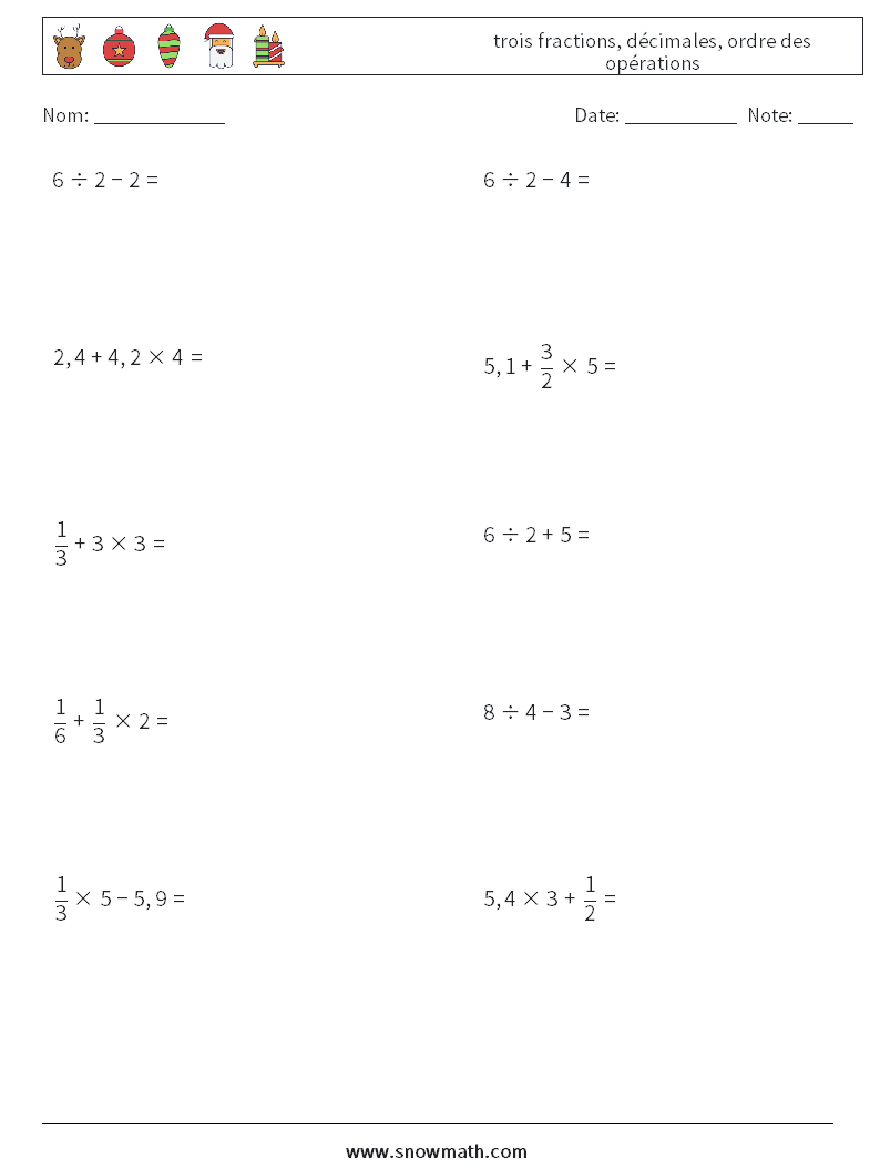 (10) trois fractions, décimales, ordre des opérations Fiches d'Exercices de Mathématiques 16