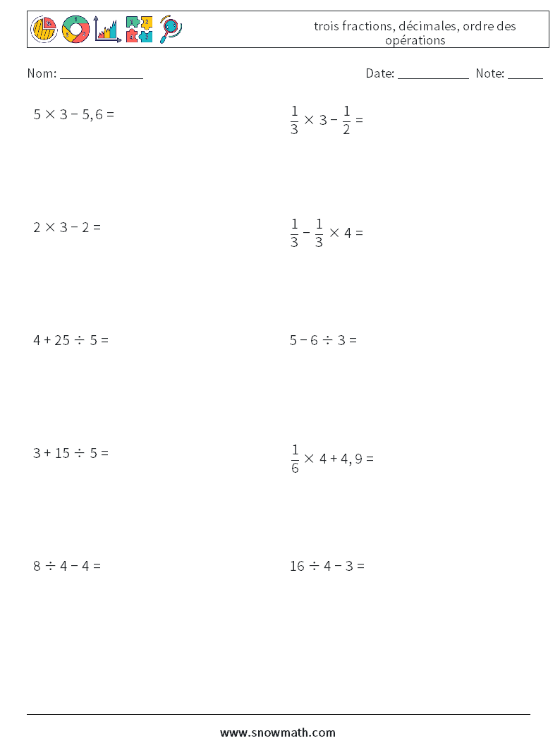 (10) trois fractions, décimales, ordre des opérations Fiches d'Exercices de Mathématiques 17