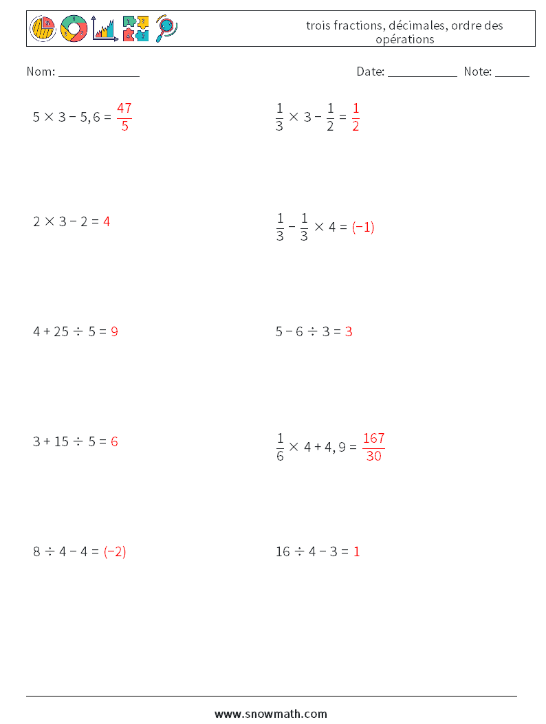 (10) trois fractions, décimales, ordre des opérations Fiches d'Exercices de Mathématiques 17 Question, Réponse