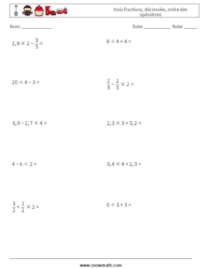 (10) trois fractions, décimales, ordre des opérations Fiches d'Exercices de Mathématiques 18