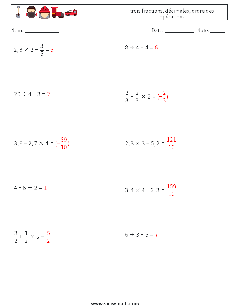 (10) trois fractions, décimales, ordre des opérations Fiches d'Exercices de Mathématiques 18 Question, Réponse