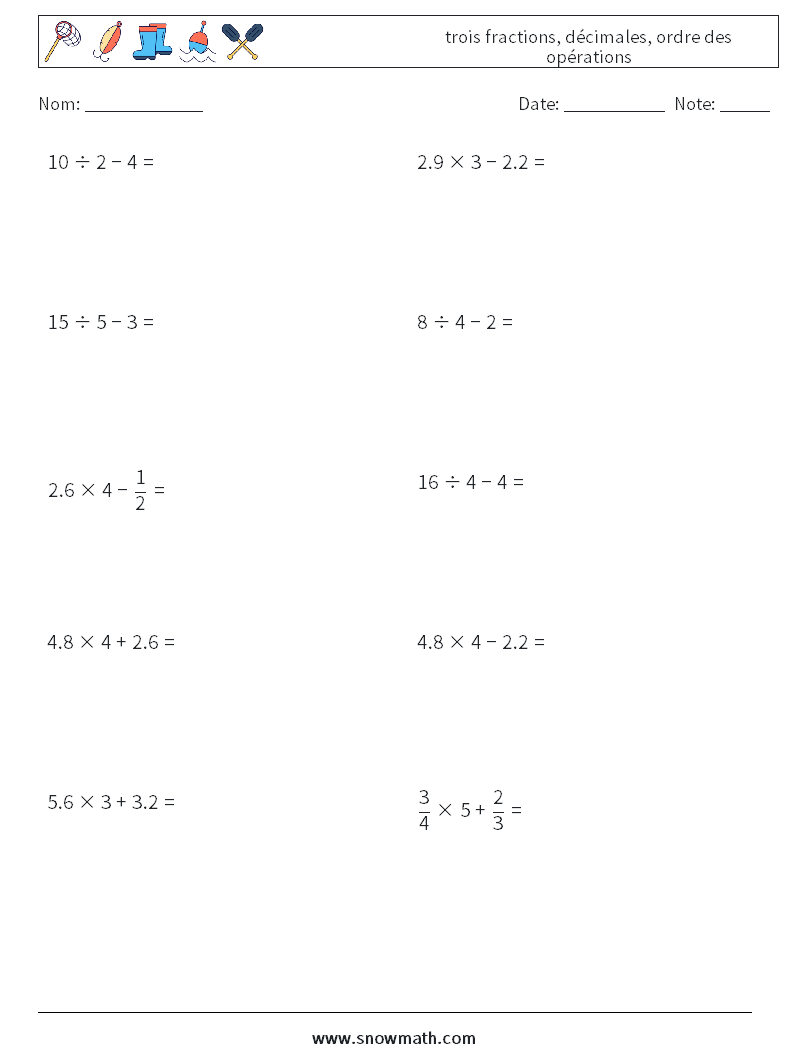 (10) trois fractions, décimales, ordre des opérations Fiches d'Exercices de Mathématiques 2