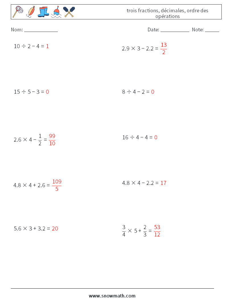 (10) trois fractions, décimales, ordre des opérations Fiches d'Exercices de Mathématiques 2 Question, Réponse