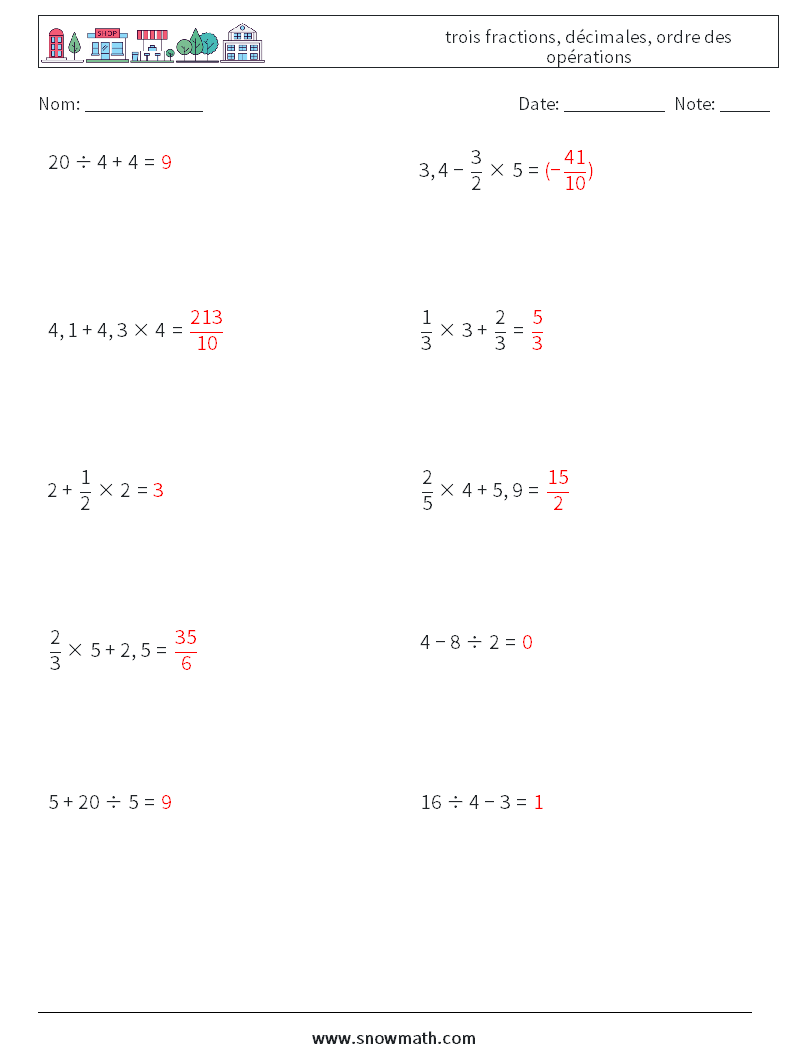 (10) trois fractions, décimales, ordre des opérations Fiches d'Exercices de Mathématiques 4 Question, Réponse