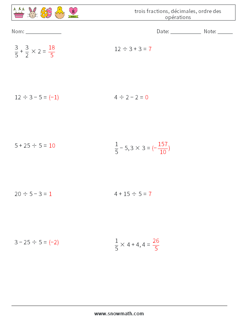 (10) trois fractions, décimales, ordre des opérations Fiches d'Exercices de Mathématiques 5 Question, Réponse