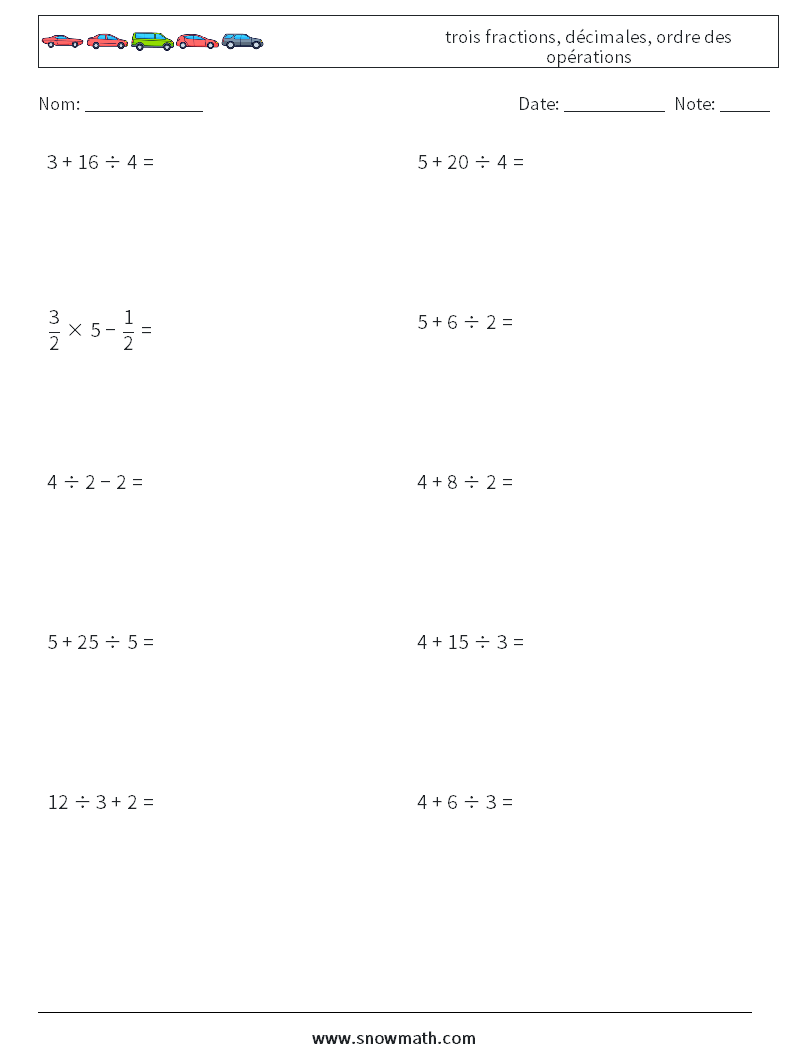 (10) trois fractions, décimales, ordre des opérations Fiches d'Exercices de Mathématiques 6