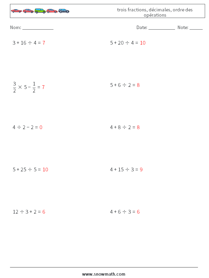 (10) trois fractions, décimales, ordre des opérations Fiches d'Exercices de Mathématiques 6 Question, Réponse