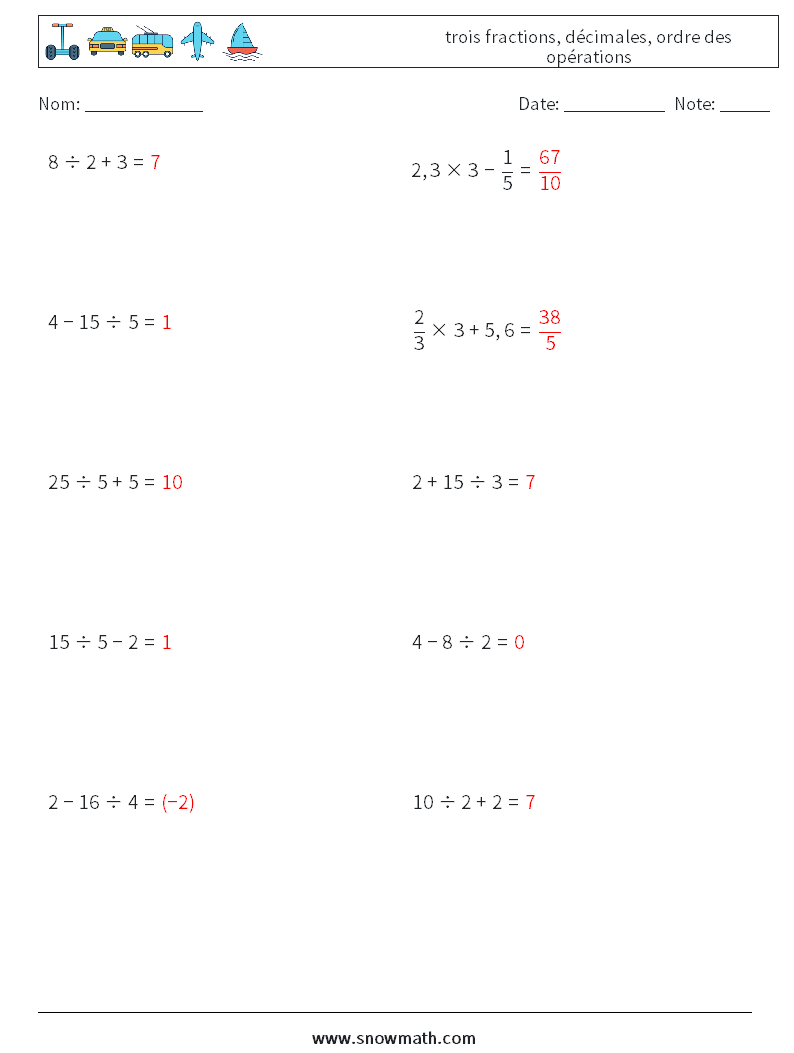 (10) trois fractions, décimales, ordre des opérations Fiches d'Exercices de Mathématiques 7 Question, Réponse