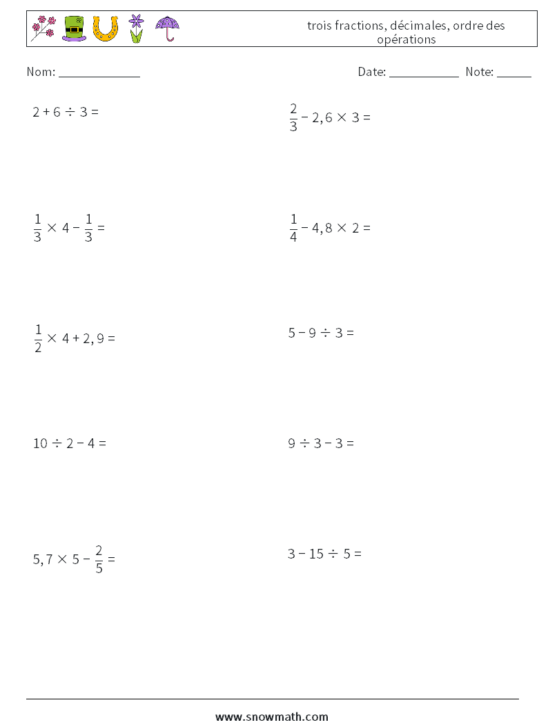(10) trois fractions, décimales, ordre des opérations Fiches d'Exercices de Mathématiques 8