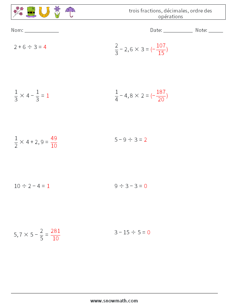 (10) trois fractions, décimales, ordre des opérations Fiches d'Exercices de Mathématiques 8 Question, Réponse