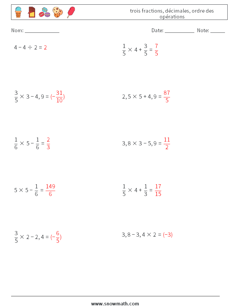 (10) trois fractions, décimales, ordre des opérations Fiches d'Exercices de Mathématiques 9 Question, Réponse